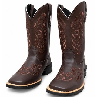 Bota Texana Feminina Country Café 🤎 Bordada  | Couro Ecológico | Bico Quadrado