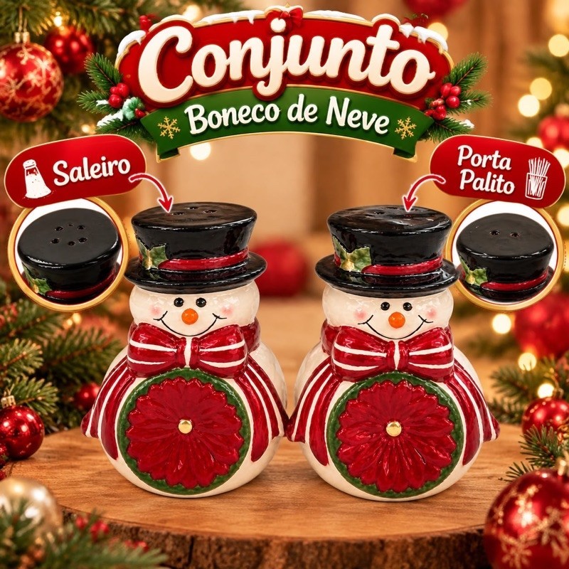 KIT SALEIRO E PORTA PALITO DE NATAL LOUÇA DE NATAL DECORAÇÃO DE NATAL DE PORCELANA