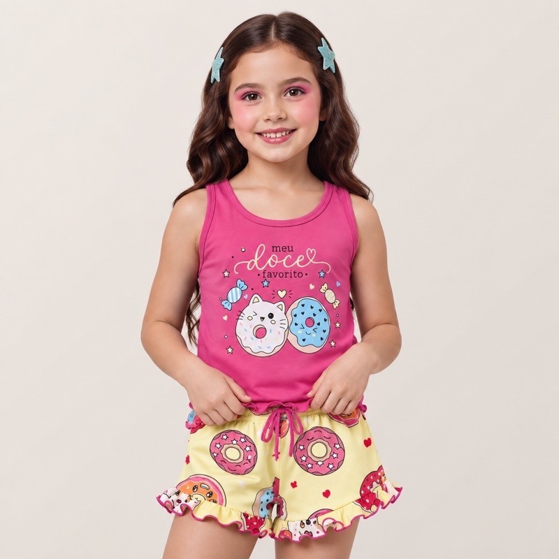 Pijama Regata Infantil Feminino Verão Suede Premium | Short Estampado de Babadinho Sortido