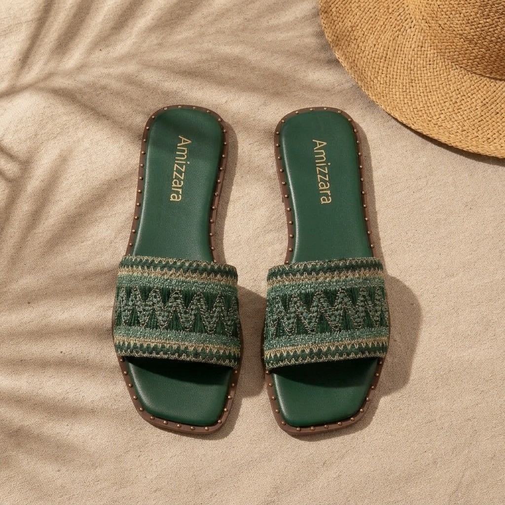 Rasteira Feminina Artesanal Bordado Indiano Boho Verde Sandália Bico Quadrado Leve Confortável Verão