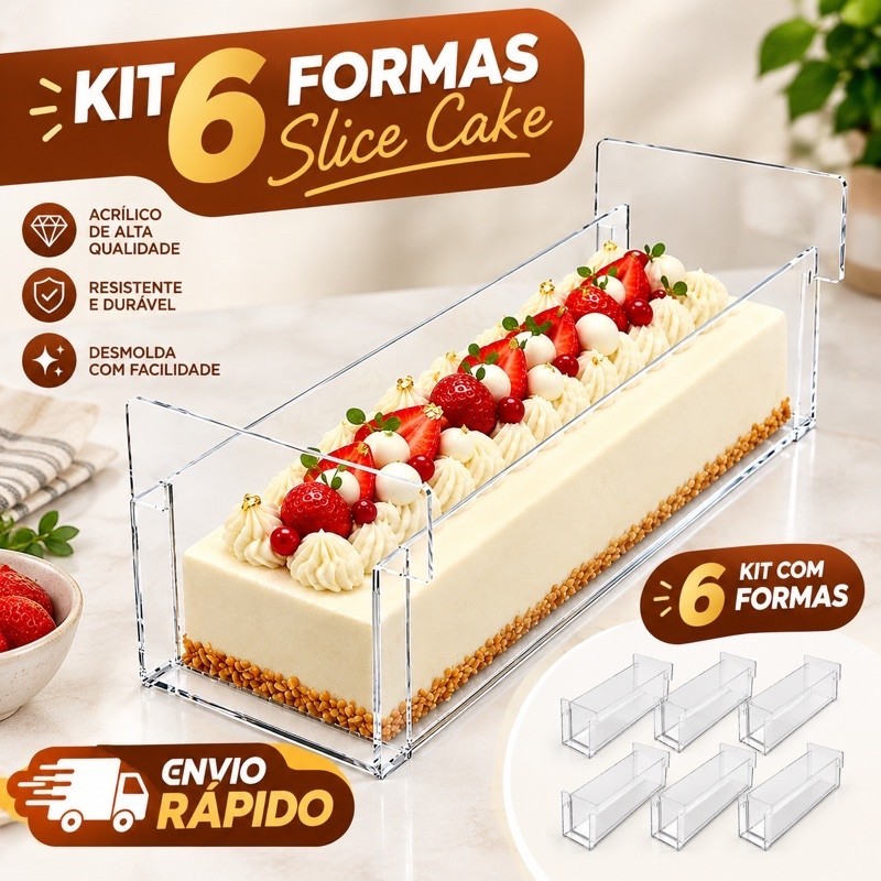 Kit 6 Formas Retangular Slice Cake 30x10x10 Acrílico transparente para Bolo Confeitaria Festival de fatias
