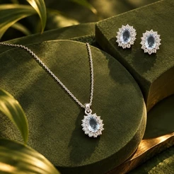 Conjunto Oval Azul-Claro Cravejado em Prata 925 – Brilho em Cada Detalhe