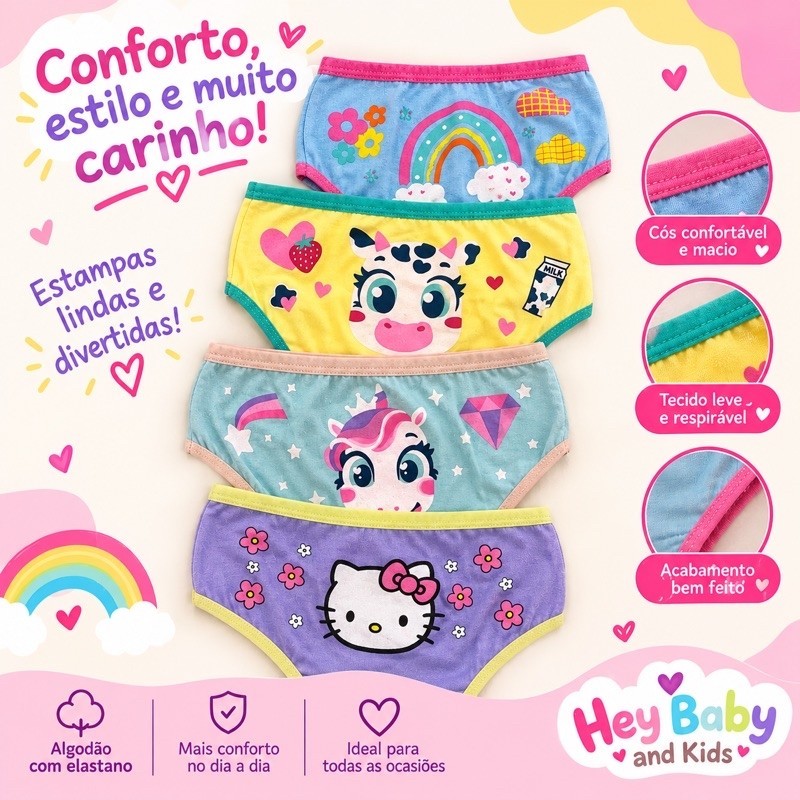 Kit 10 calcinhas infantis Menina Algodão Premium Estampadas Confortaveis e Macias  Estampas Variadas