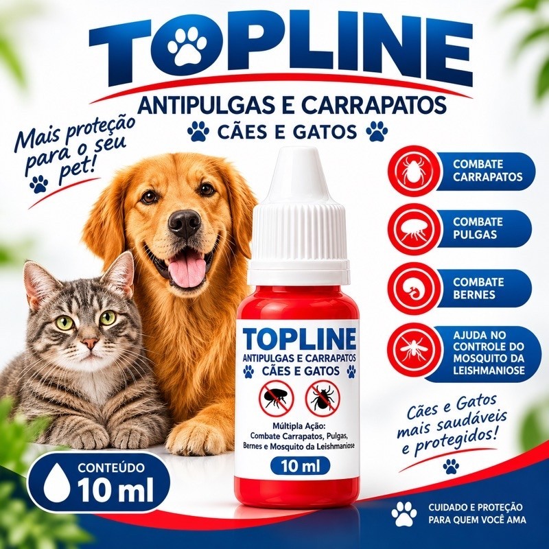 Topline 10ml Poderoso anti pulgas e carrapatos cães e gatos