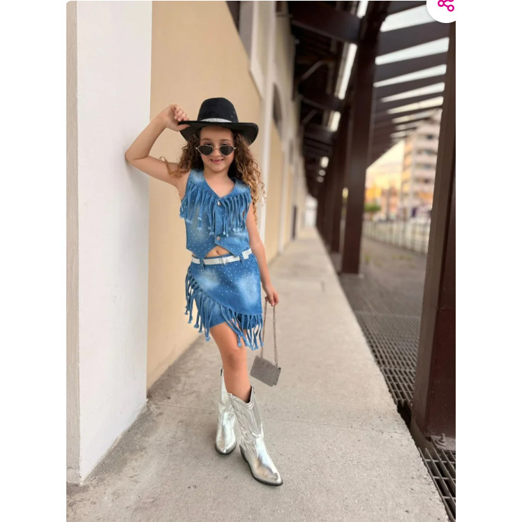 Conjunto Jeans Boiadeira (Shorts Saia+Colete+Sinto) - Tam. 2/4/6/8/10