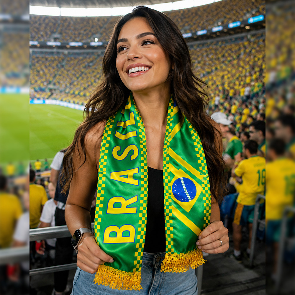 Cachecol Brasil Cetim Premium Torcida Copa do Mundo Verde e Amarelo Personalizado — imagem 2 de 2