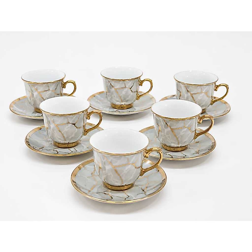Jogo de Xícaras 6 Xícaras + 6 Pires Porcelana Premium Design Mármore - Elegante para Chá e Café