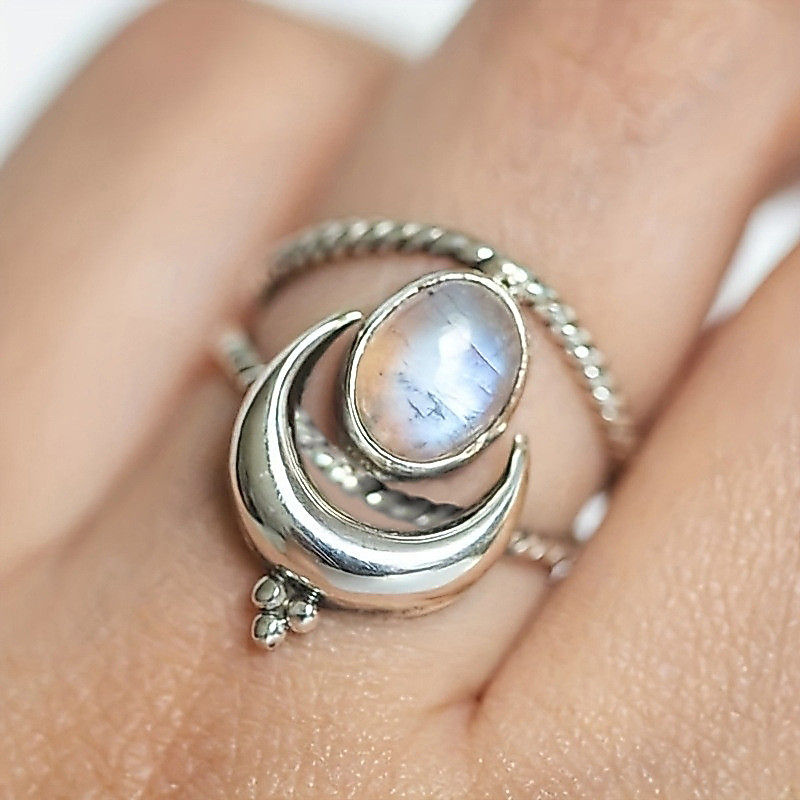 S925 prata esterlina estilo boêmio Retro lua coroa anel simples moda senhoras presente uso diário