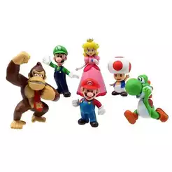 Kit 6 Bonecos Super Mario Bross PVC Yoshi Luigi Kong Cogumelo Princesa Colecionável