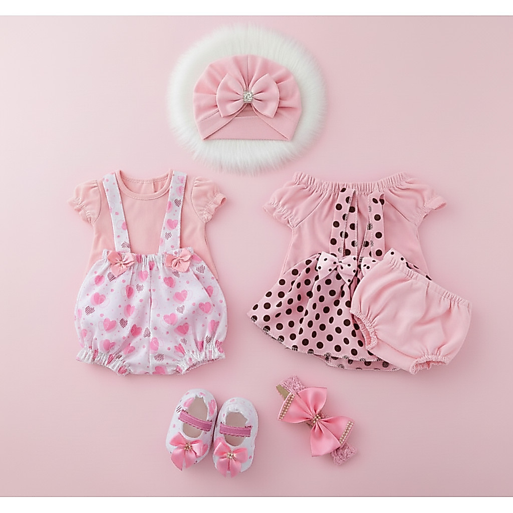 2 Kits Roupinha Bebê Reborn Jardineira + Sapato + Tiara + Turbante - 8 peças - V