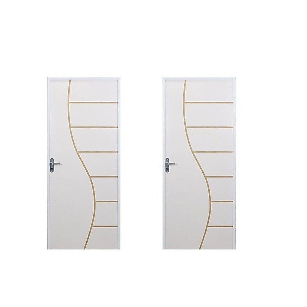 2 Kits Porta de Madeira Decorada 215x75cm com Batente de Aço 06cm Cantareira Branco MGM Direita