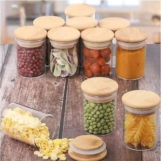 Kit 6 Peças 200ML Potes  de vidro Herméticos Com Tampa De Bambu