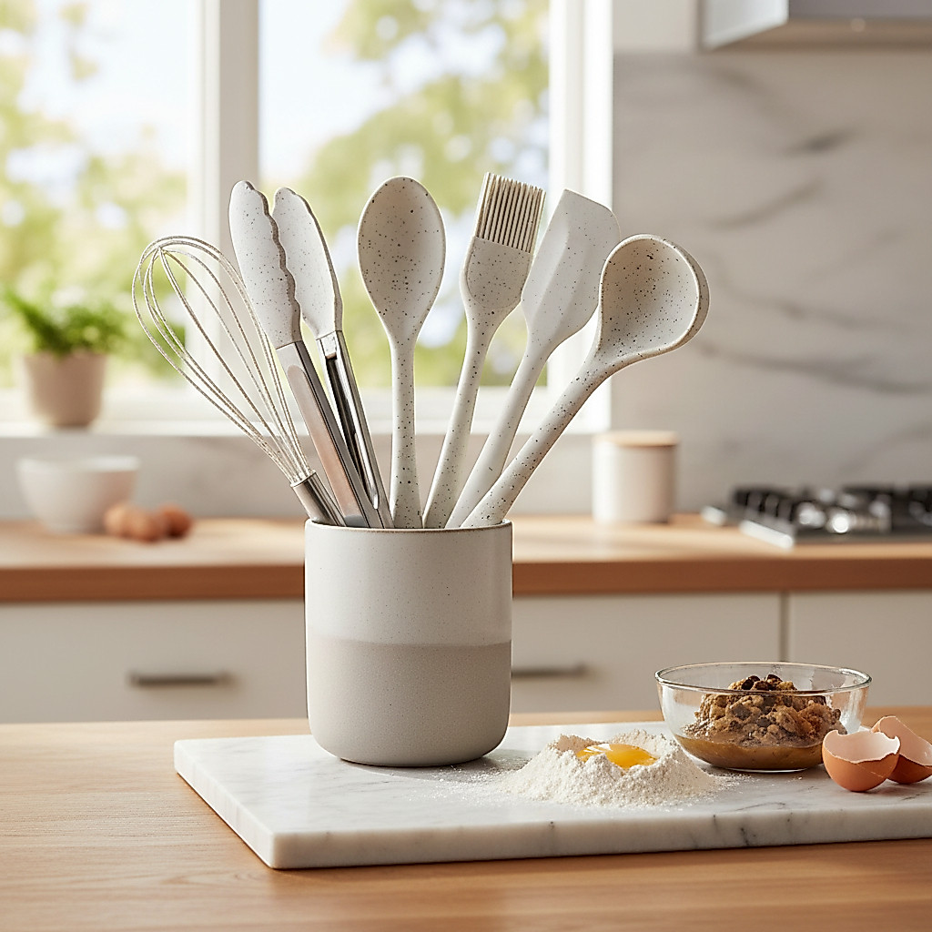 Conjunto Utensílios De Cozinha Silicone Vanilla Resistente Brinox Espátula Colher Concha Pegador