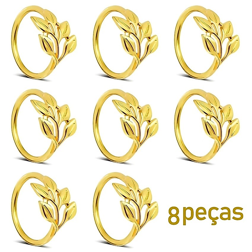 Kit 6/8 porta guardanapos - anéis de guardanapos de metal Folhas /  ramos dourado