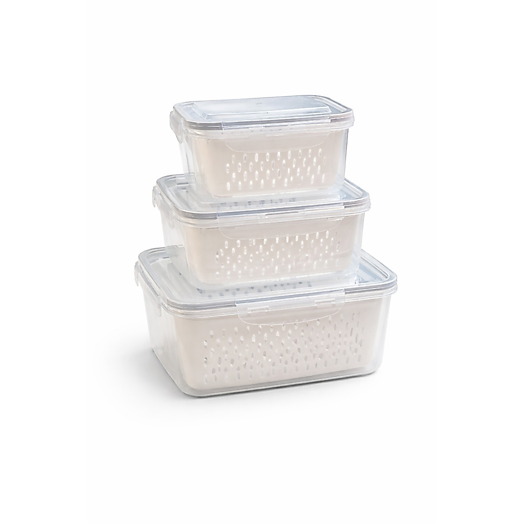 Kit 3 potes Herméticos com Cesto Removível Legumes Frutas Organizador de Geladeira sem BPA