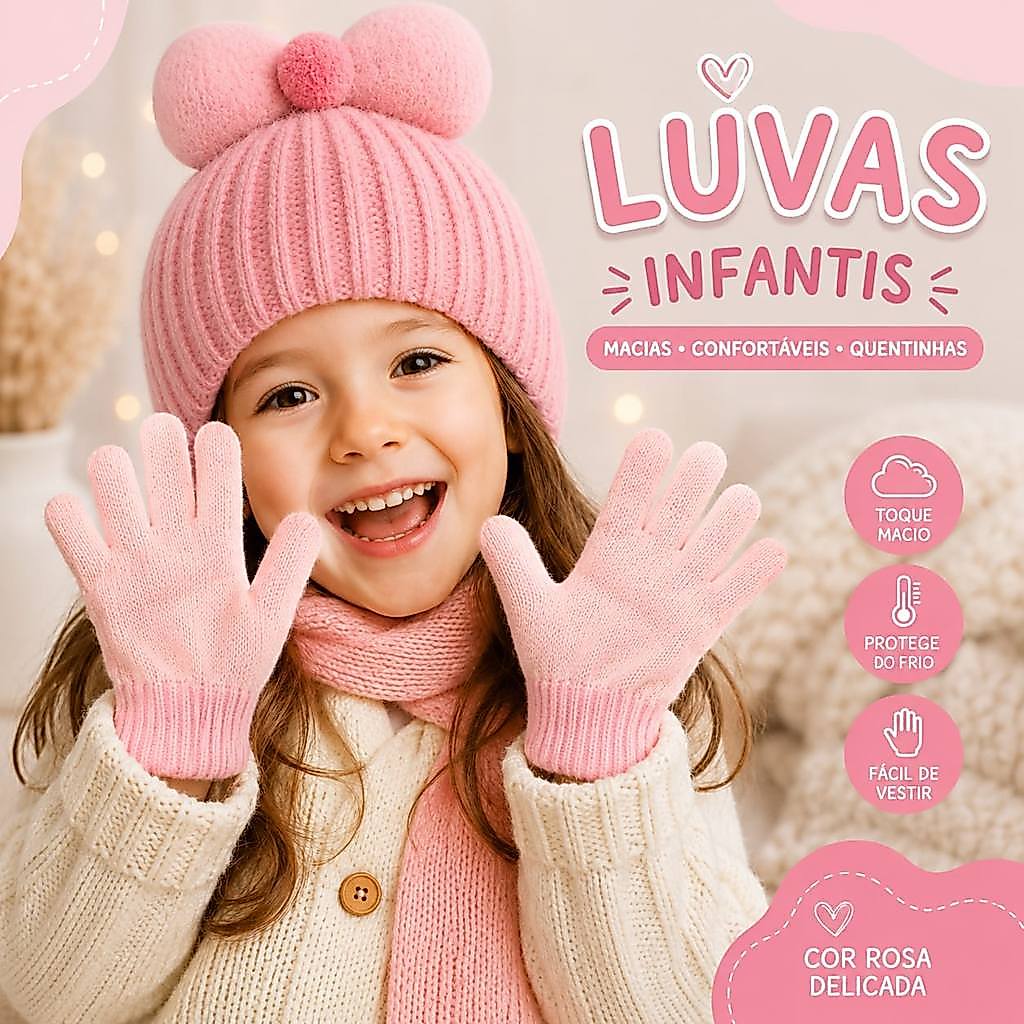 Luva Infantil Rosa Macia Confortável Tamanho Único Inverno