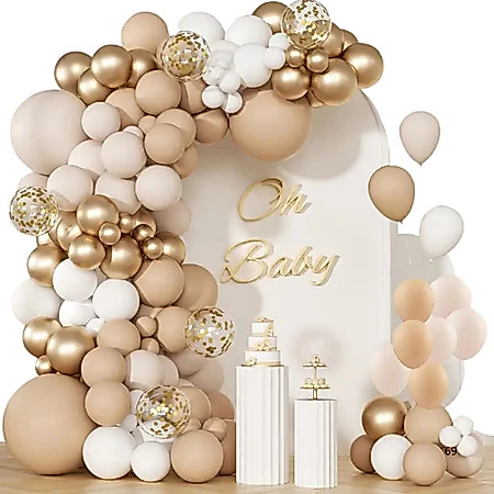 Balão de aniversário kit com 185 balões - Bege + Branco + Dourado para decoração de Festas.