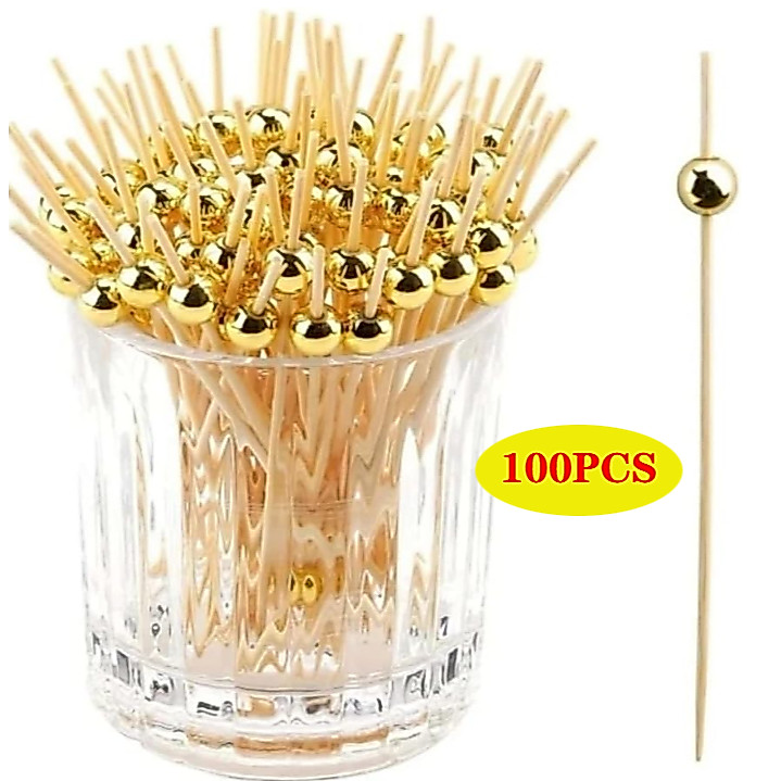 100 Peças Palitos de Bambu Para Petisco Decorado Bolinha dourada 12cm