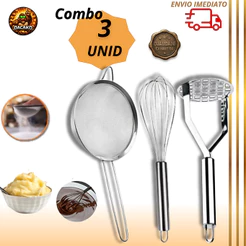 Combo Peneira Coador Inox 16cm, Amassador de Batata e Fue Batedor Claras Inox 30cm Manual Cozinha