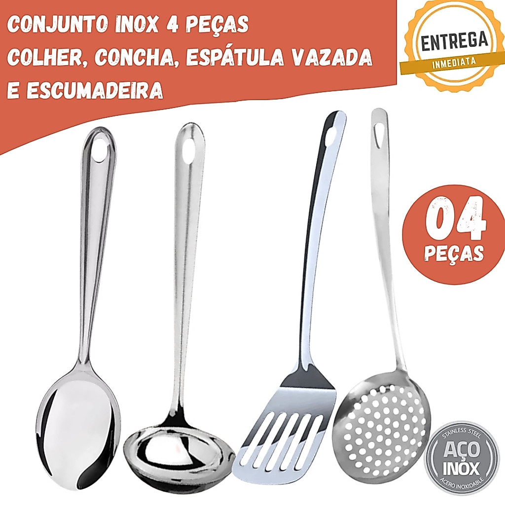 Kit Conjunto 4 Peças Colher de Arroz, Concha, Espátula Vazada e Escumadeira em Aço Inox Premium, Cozinha, Restaurantes