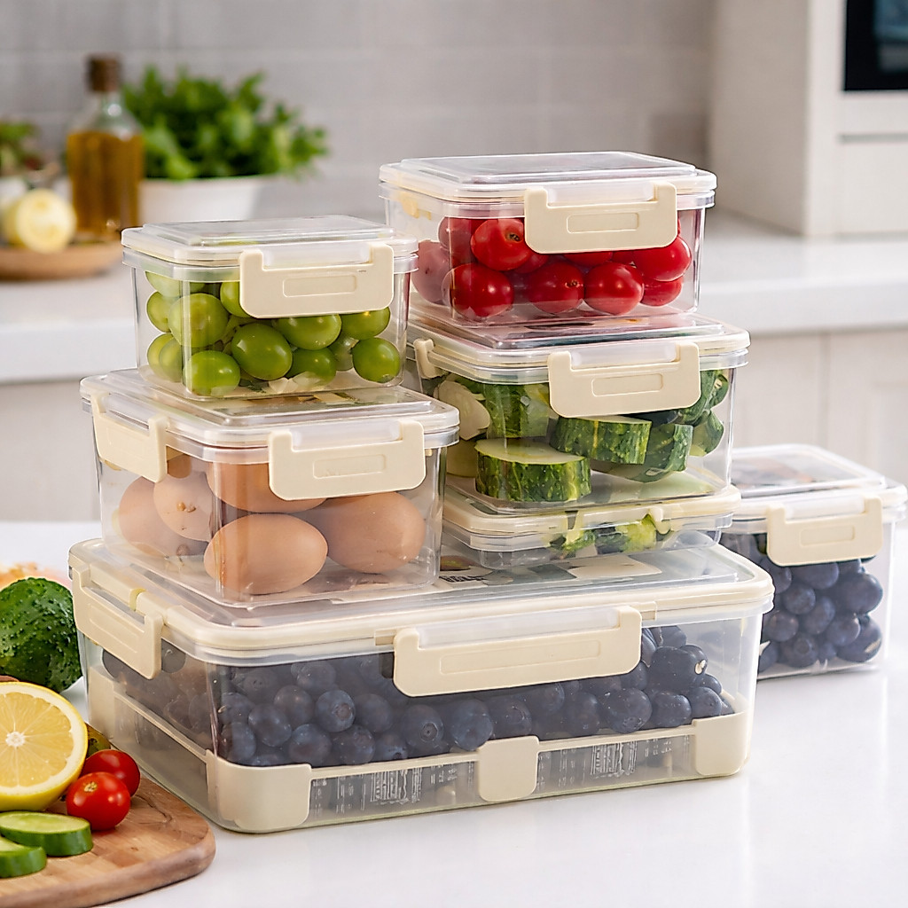 5 Potes Herméticos com Cesto Drenável BPA Free | Organizador de Geladeira para Frutas e Legumes