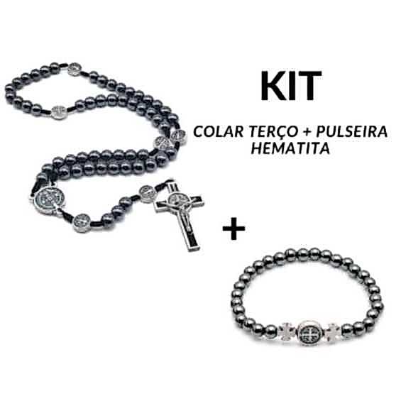 Kit Terço Pedra Hematita com Medralhas São Bento + Pulseira Hematita Ajustável medalha de são Bento