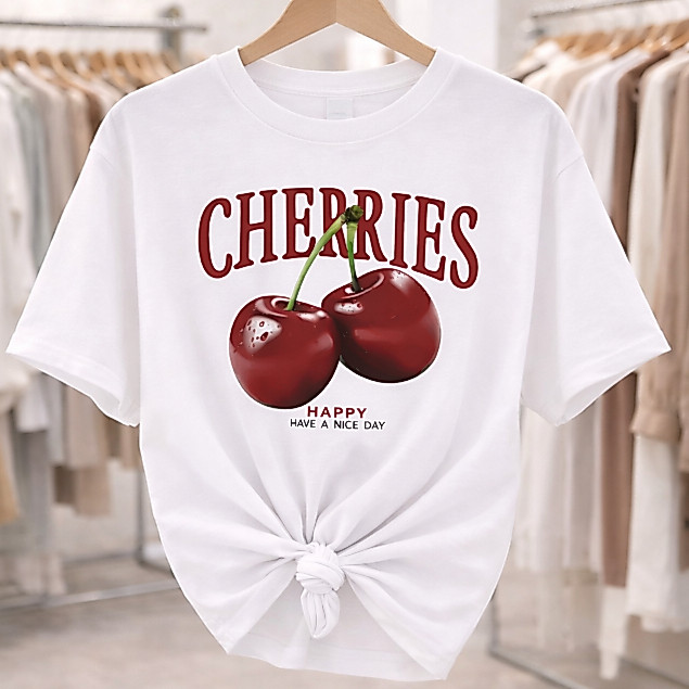 Camiseta Feminina Cereja Feminina 100% Algodão Moda Estilosa Confortavel Trendy T-Shirt Camisa blusa