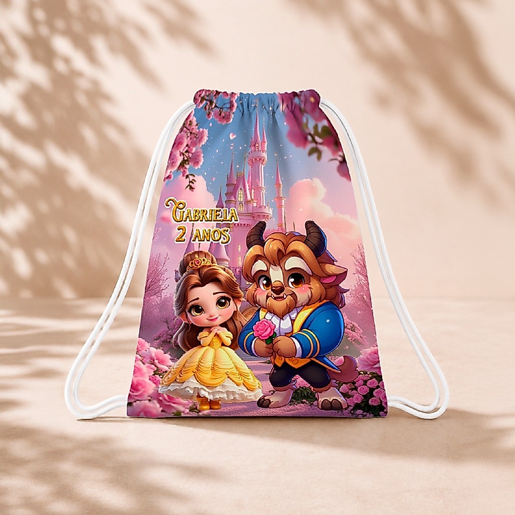10 Mochila Personalizada Infantil 18x26 Sacolinhas Surpresa Festa Aniversário Lembrancinha A Bela e a Fera Baby