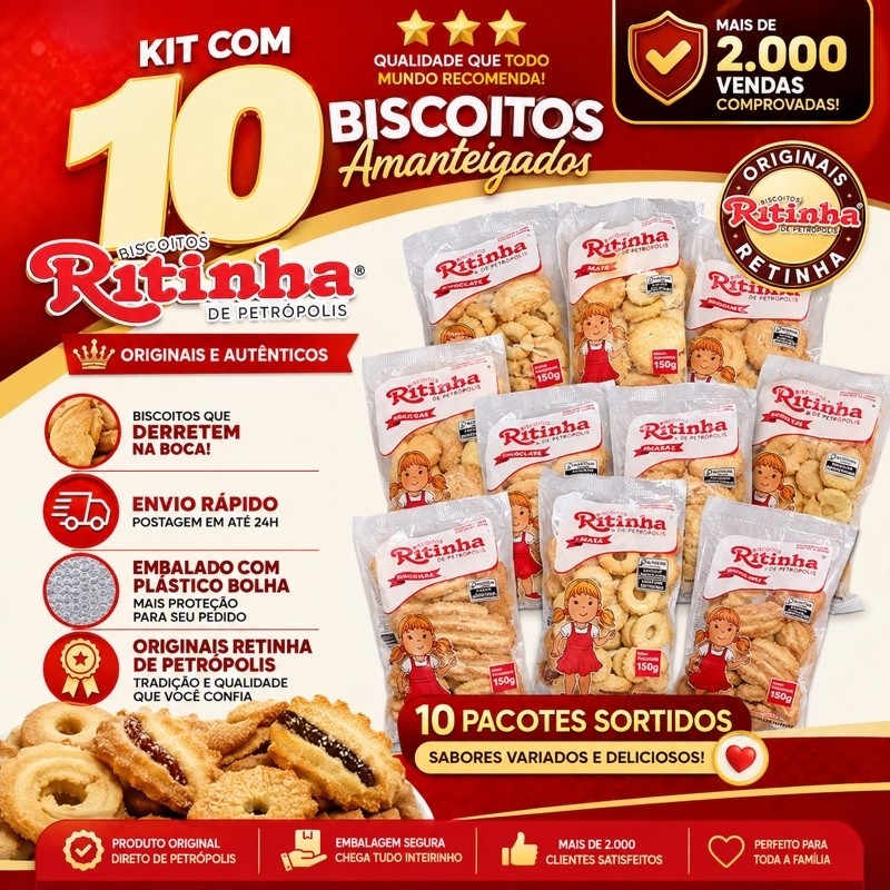 kit 10 Pacotes de biscoitos Amanteigado Sortidos. Ritinha de Petrópolis Original . Até 1500g