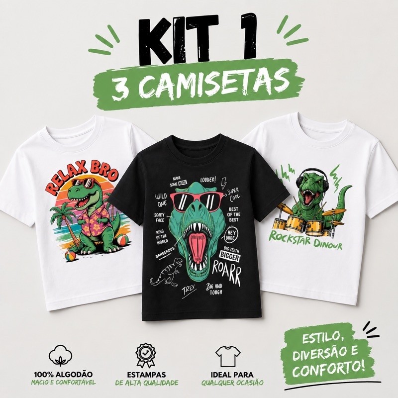 Kit 2 Camisetas Infantis Dinossauro 100% Algodão 30.1Menino Básica Confortável Tamanhos 02 ao 14