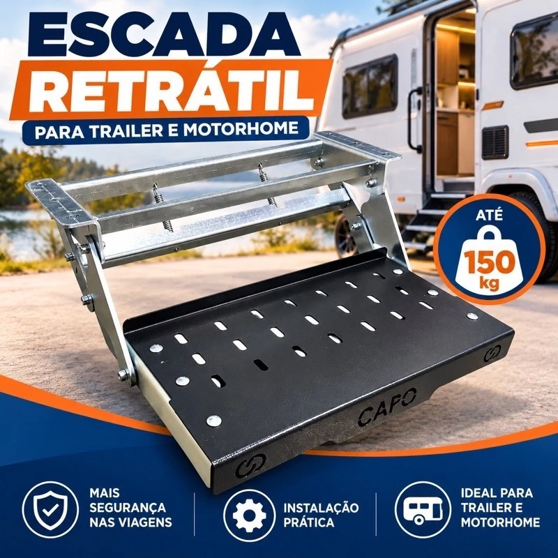 Escada Retrátil Dobrável Manual 1 Degrau 50cm 150kg Antiderrapante para Trailer Motorhome Van Camper