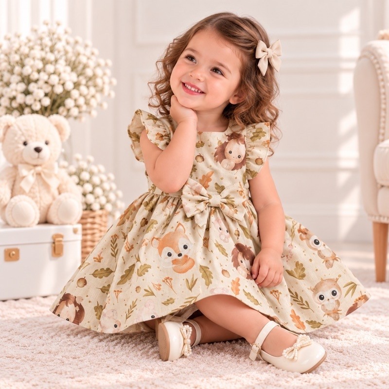 Vestido Infantil Bebê Menina Pássaros Safari 100% Algodão Antonella | Diversas Cores e Estampas