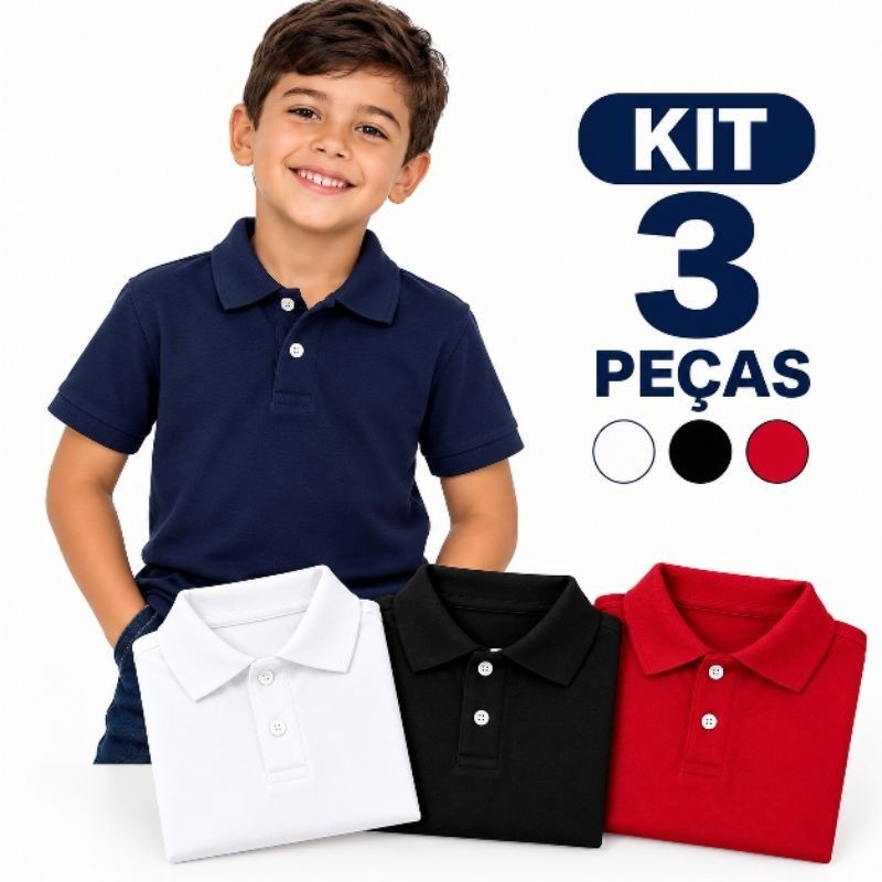 kit 3 peças Camisetas infantil, juvenil gola polo lisa no algodão