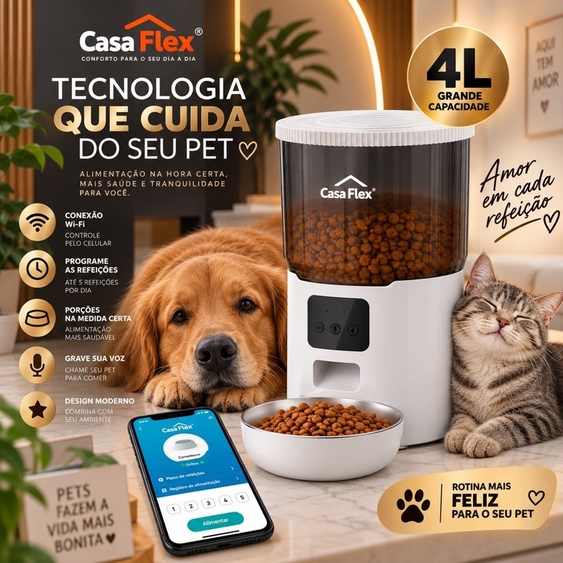 Comedouro Alimentador Automático para Pet Cães e Gatos 4 Litros Wi-Fi com App Casa Flex