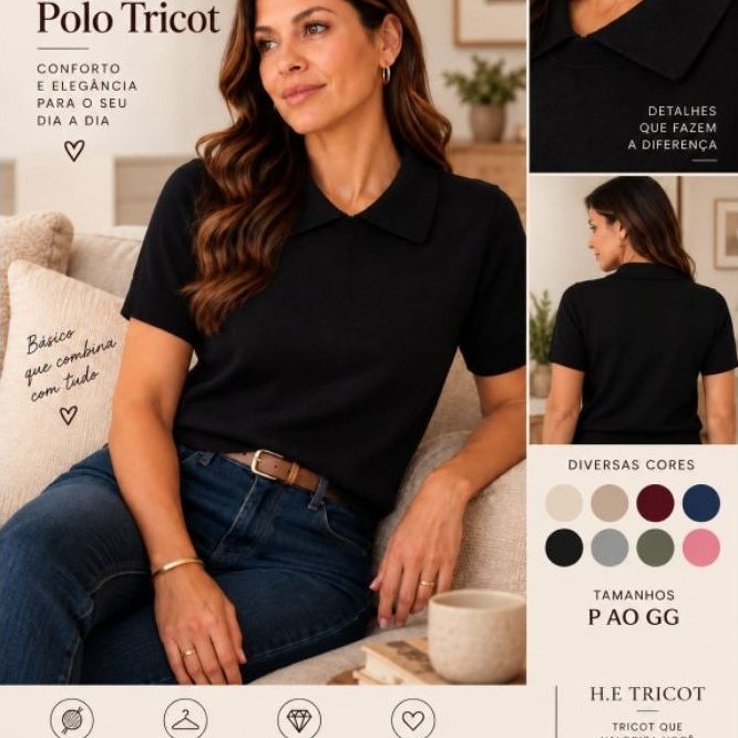 Blusa Camiseta Gola Polo Feminina Tricot Premium Manga curta T-Shirt Feminina