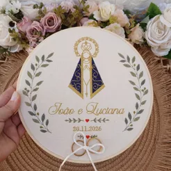 Bastidor Porta Aliança Nossa Senhora Aparecida Casamento Personalizado Bordado 20cm