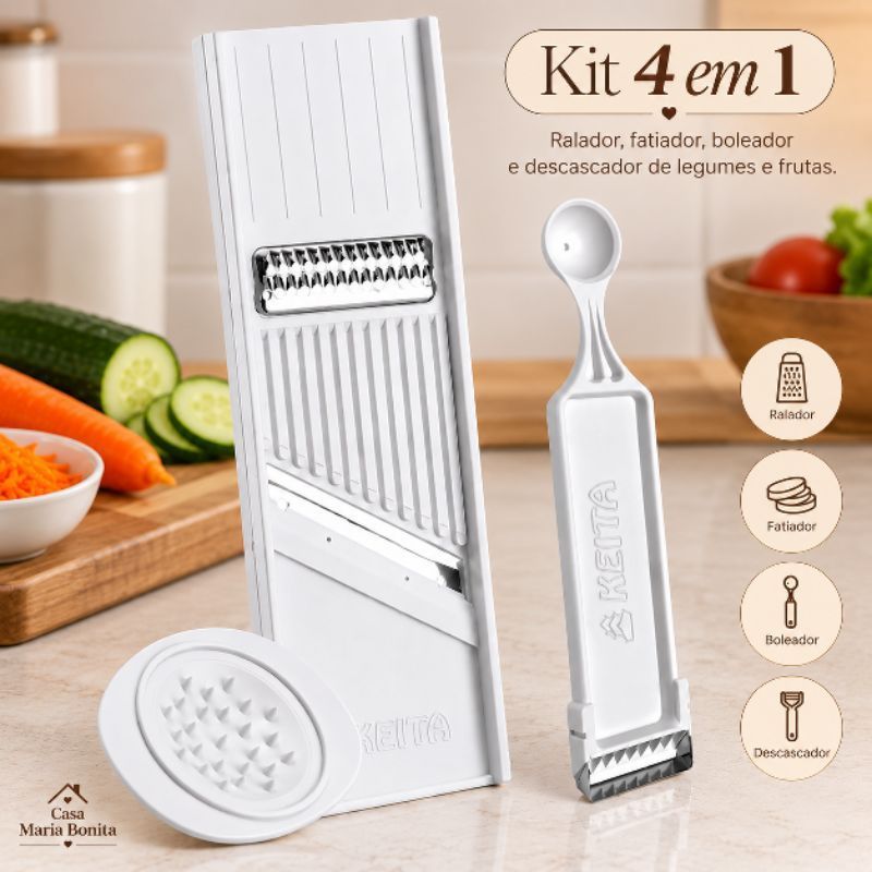 Kit Fatiador Descascador Ralador 4 em 1 para Legumes e Frutas Multiuso Keita-MMB