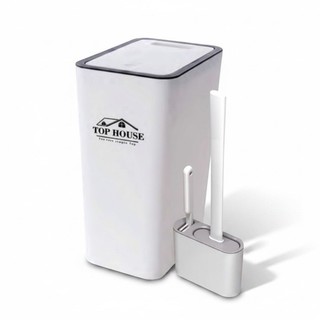 Kit Lixeira Slim branca 13L cozinha banheiro C/ Tampa clik anti-odor + Escova Sanitária de silicone 2em1 suporte adesivo