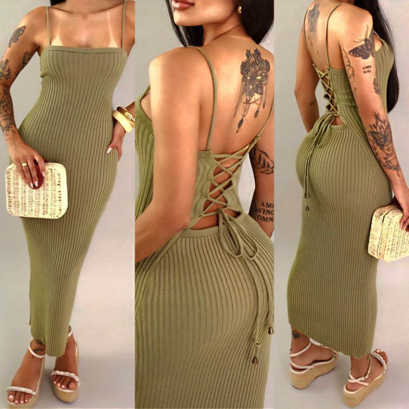 Vestido Midi Trançado nas Costas Tricot Modal Canelado tricô Premium Tendência Verão Festa Praia