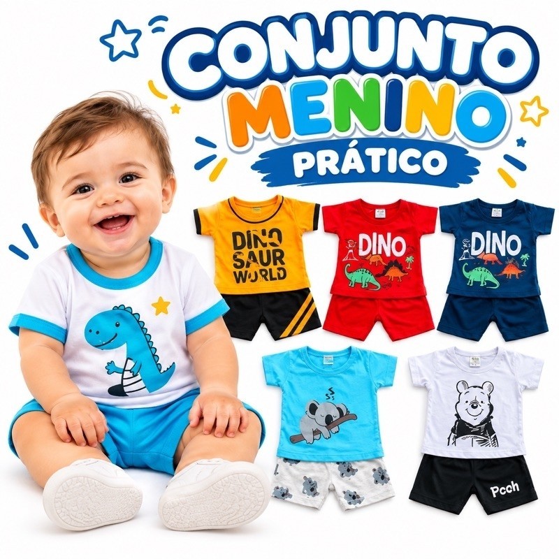 Conjunto Menino 100% Algodão Modelo Variado Envio Imediato Camiseta e Short Confortável Moda Infantil Menino Casual