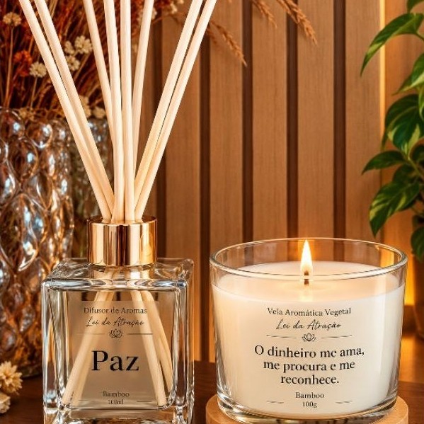 Kit Difusor Aromatizador de Ambientes 100ml + Vela Aromática Vegetal Artesanal Lei da Atração Frases de Poder 100g