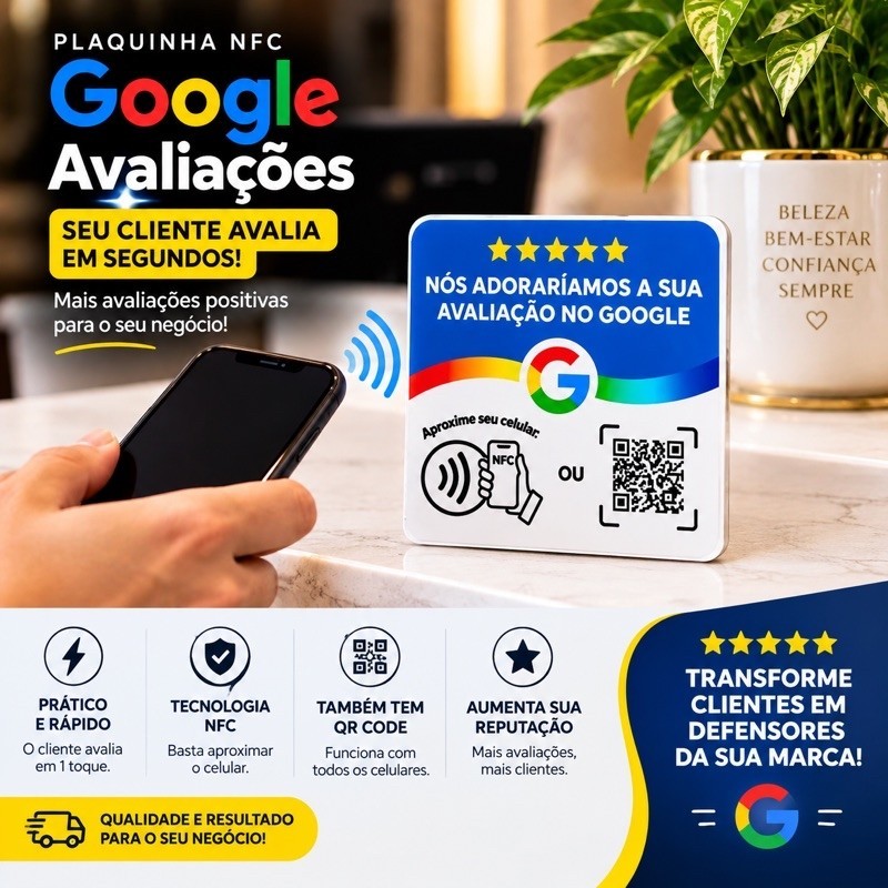 Kit 2 Plaquinhas NFC Avaliação Google para seu Comercio 10x10cm Aproxime o Celular 3D