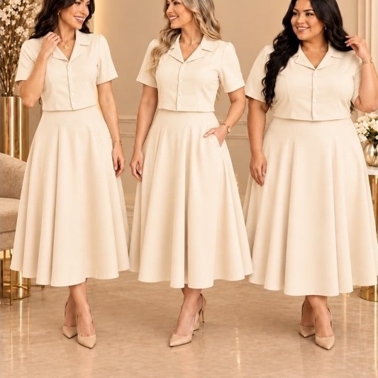 conjunto moda maior moda Pluz Conj igreja alfaiataria princesa vermelho verde menta e bege Natal ano novo roupa