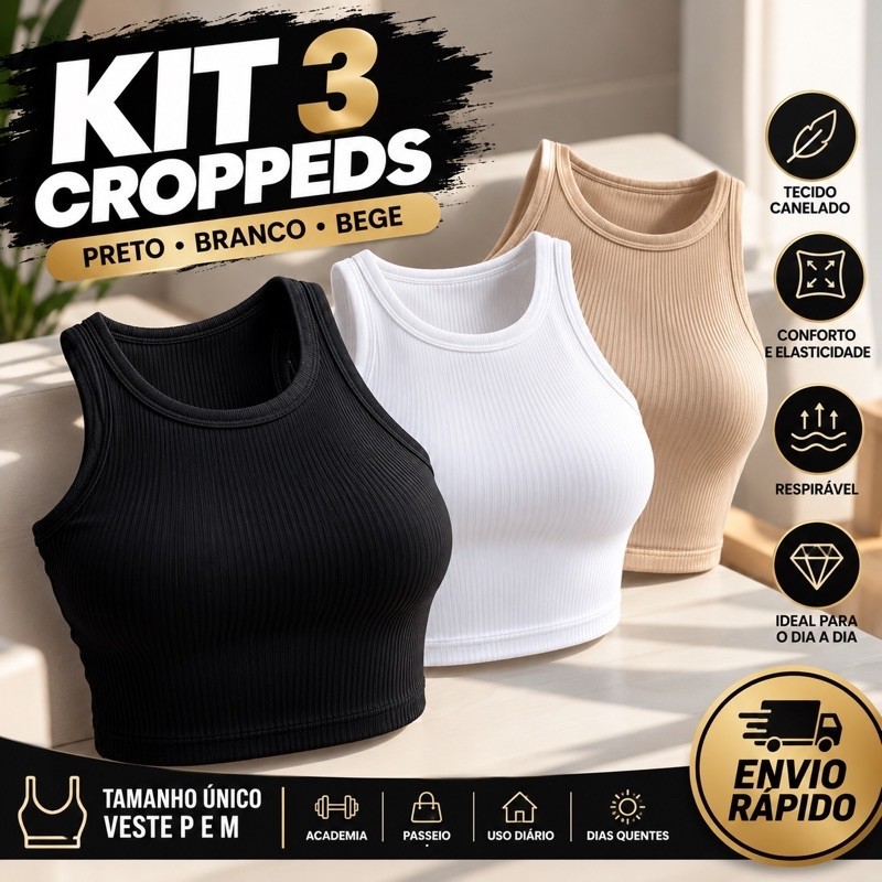 Kit 3 Croppeds Femininos Canelados com Elastano Tamanho Único P/M Preto Branco Bege