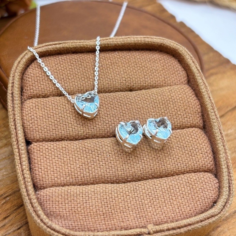 Conjunto Colar e Brinco Coração Zircônia Aqua marine em Prata 925 — imagem 2 de 2