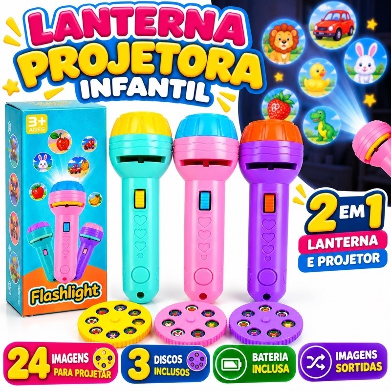 Lanterna Projetora Infantil 2 Em 1 Com 3 Discos 24 Imagens Bateria Inclusa Brinquedo Educativo Envio Sortido 4 Cores
