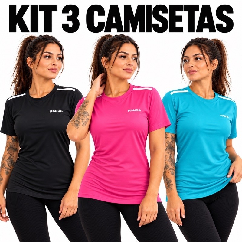Kit 3 Camisetas Femininas Dry Fit Proteção UV Blusas Academia Fitness Treino Corrida Caminhada Respirável Secagem Rápida