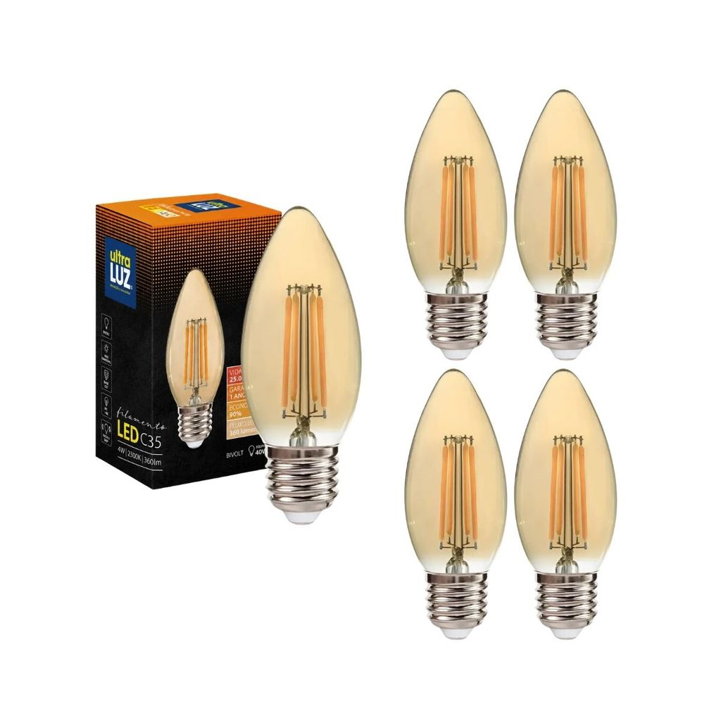 Kit 5 Lâmpadas LED Filamento Retrô C35 4W 2300K Branco Quente E27 Bivolt Ultraluz