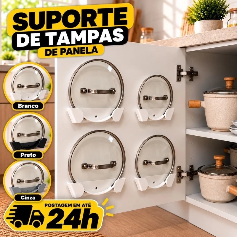 Kit Suporte para Tampa de Panela 4 Unidades Organizador Porta Tampa Adesivo Sem Furo Armário Cozinha Resistente