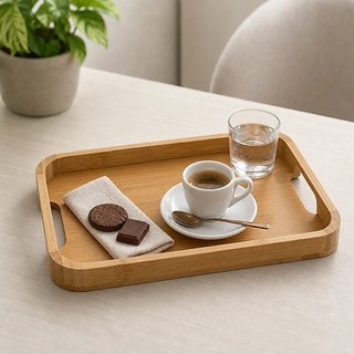 Bandeja Bambu Retangular com Alças 30x23cm Multiuso para Café Petiscos Lavabo Organização e Decoração Tuut